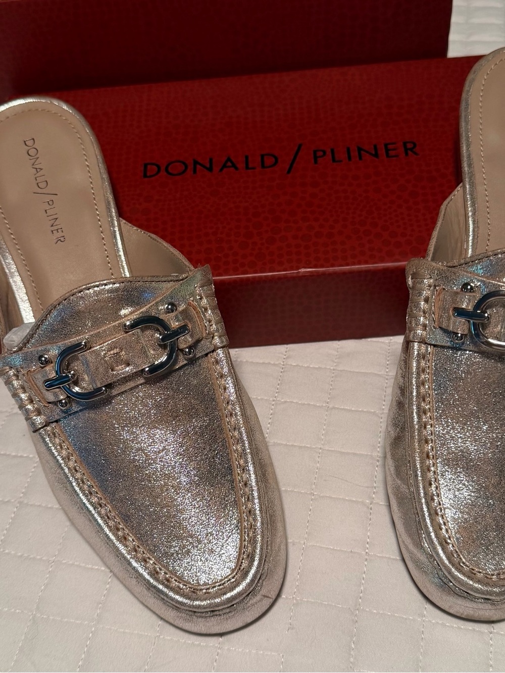 Donald J. Pliner Metallic Silver Leather Mules with Buckle